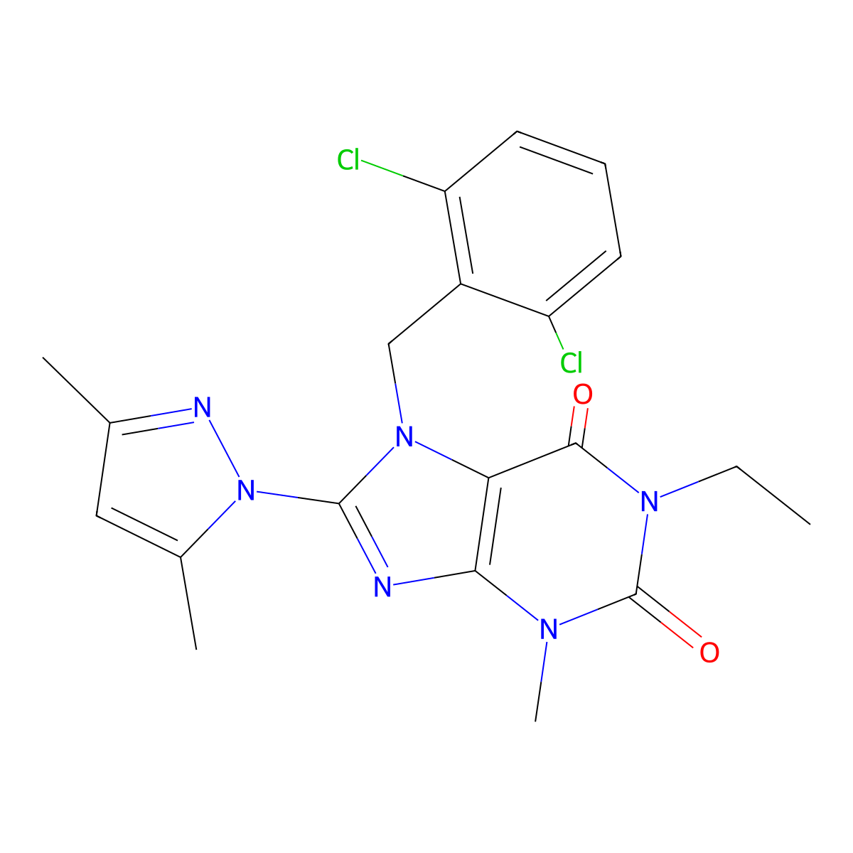 7-(2,6-dichlorobenzyl)-8-(3,5-dimethyl-1H-pyrazol-1-yl)-1-ethyl-3-methyl-1H-purine-2,6(3H,7H)-dione molecular structure, CAS 1014011-06-3