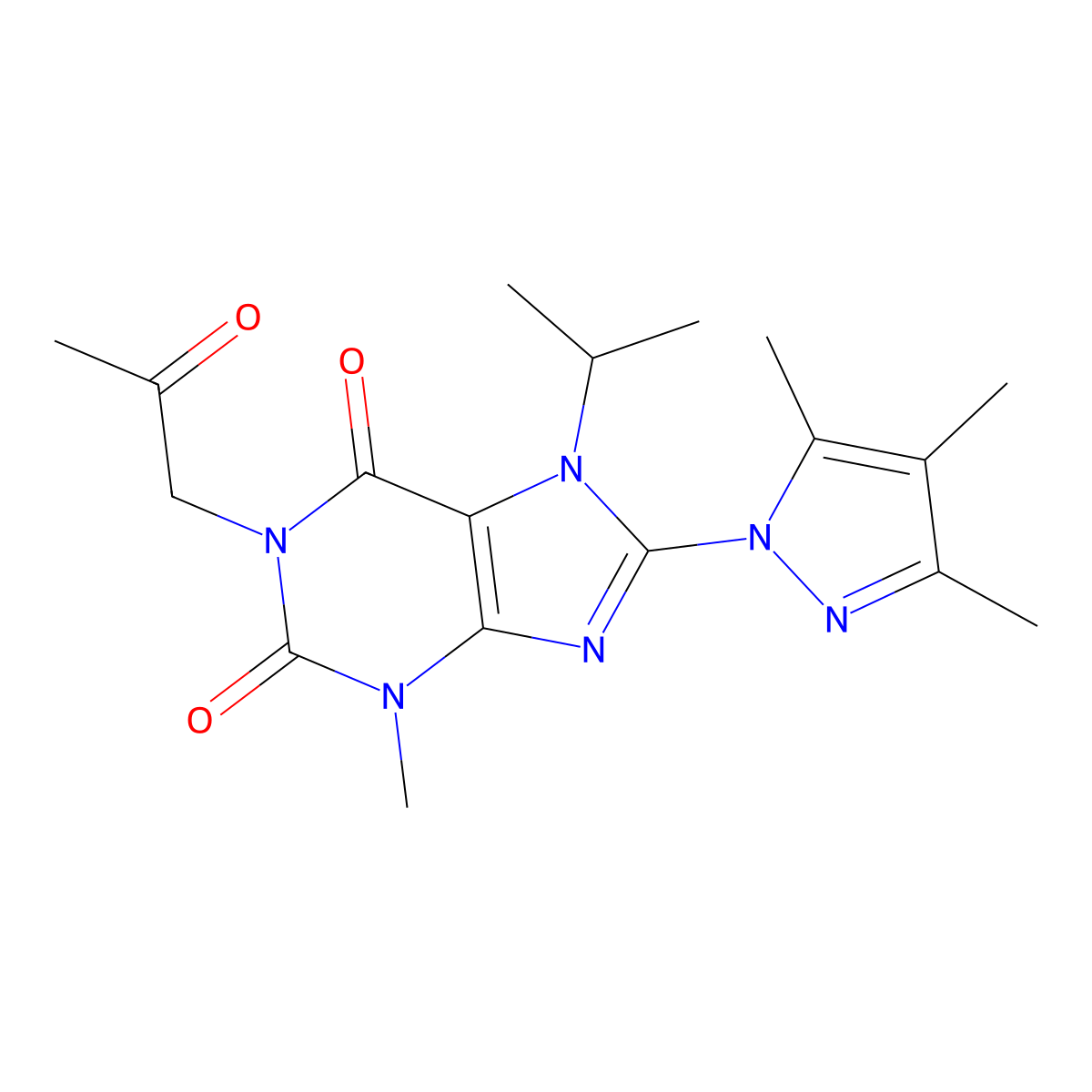 3-methyl-1-(2-oxopropyl)-7-(propan-2-yl)-8-(3,4,5-trimethyl-1H-pyrazol-1-yl)-2,3,6,7-tetrahydro-1H-purine-2,6-dione molecular structure, CAS 1014011-07-4