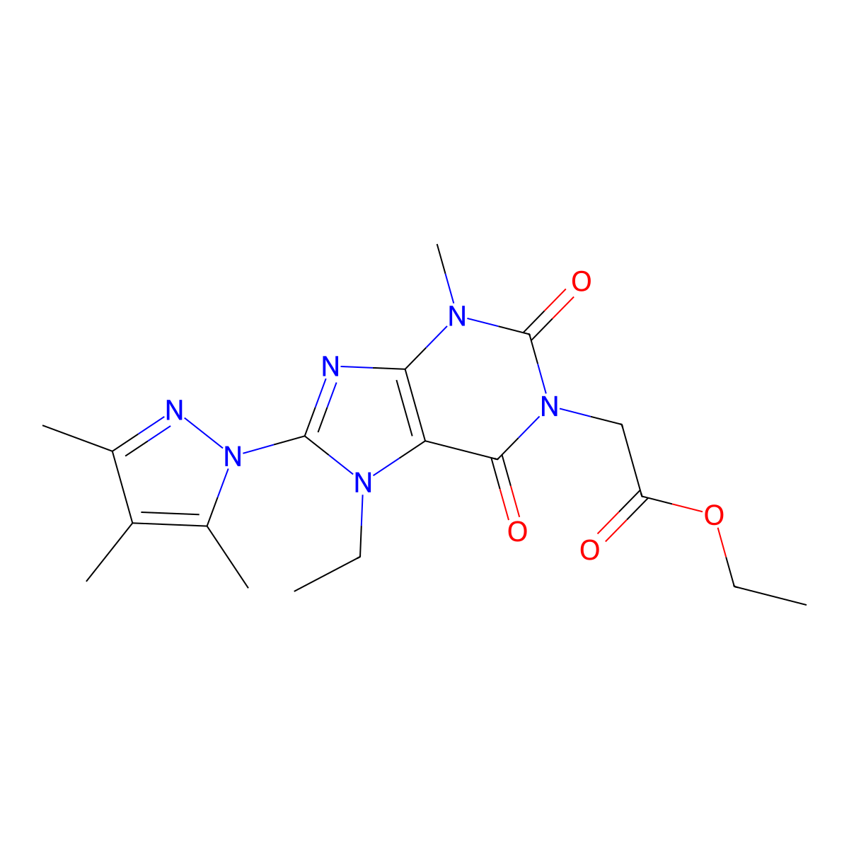 ethyl 2-(7-ethyl-3-methyl-2,6-dioxo-8-(3,4,5-trimethyl-1H-pyrazol-1-yl)-2,3,6,7-tetrahydro-1H-purin-1-yl)acetate molecular structure, CAS 1014011-09-6