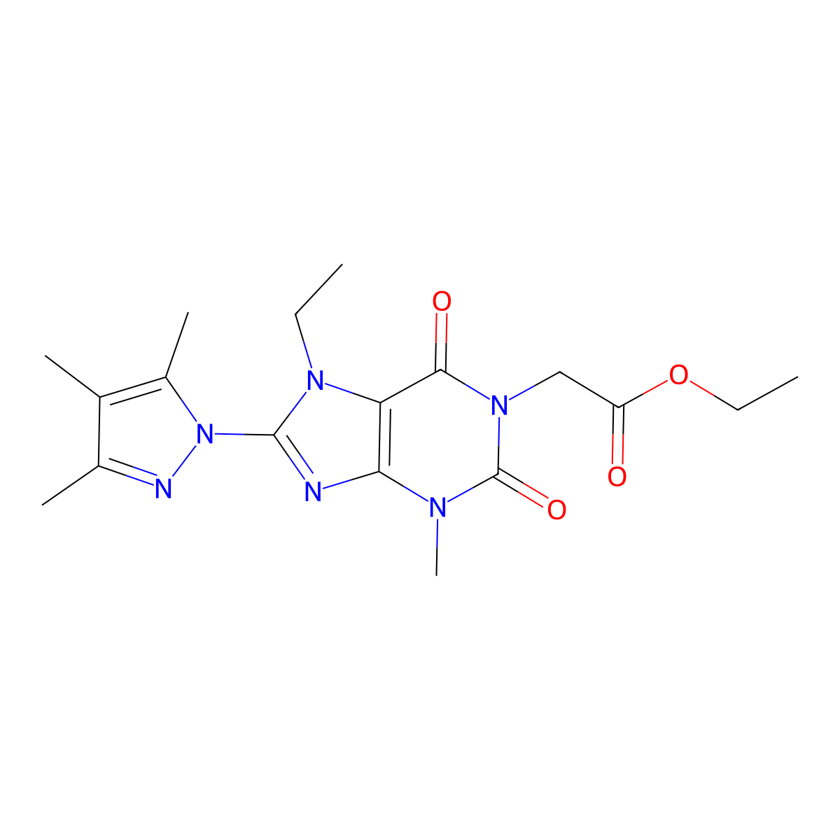 ethyl 2-(7-ethyl-3-methyl-2,6-dioxo-8-(3,4,5-trimethyl-1H-pyrazol-1-yl)-2,3,6,7-tetrahydro-1H-purin-1-yl)acetate molecular structure, CAS 1014011-09-6