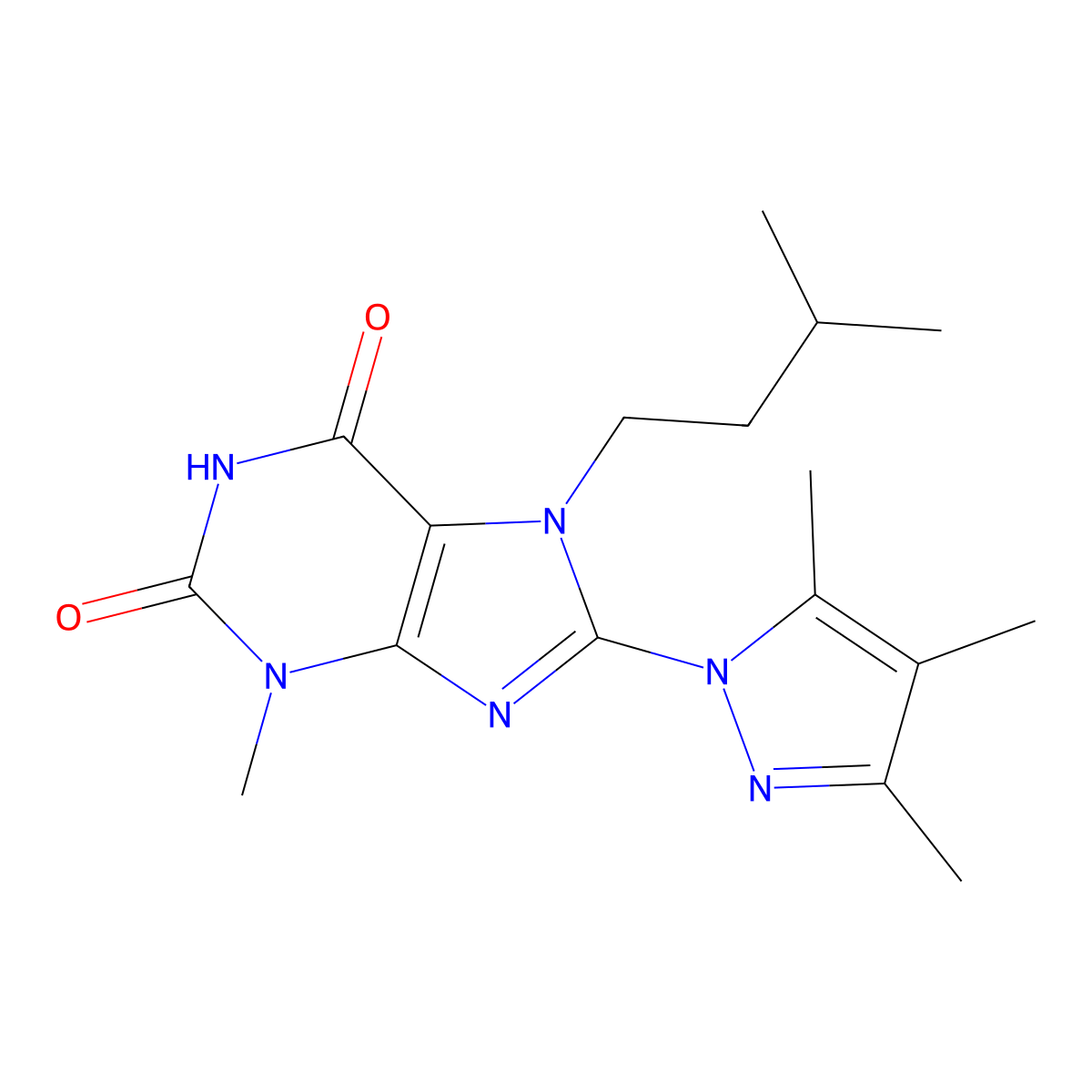 3-methyl-7-(3-methylbutyl)-8-(3,4,5-trimethyl-1H-pyrazol-1-yl)-2,3,6,7-tetrahydro-1H-purine-2,6-dione molecular structure, CAS 1014011-16-5