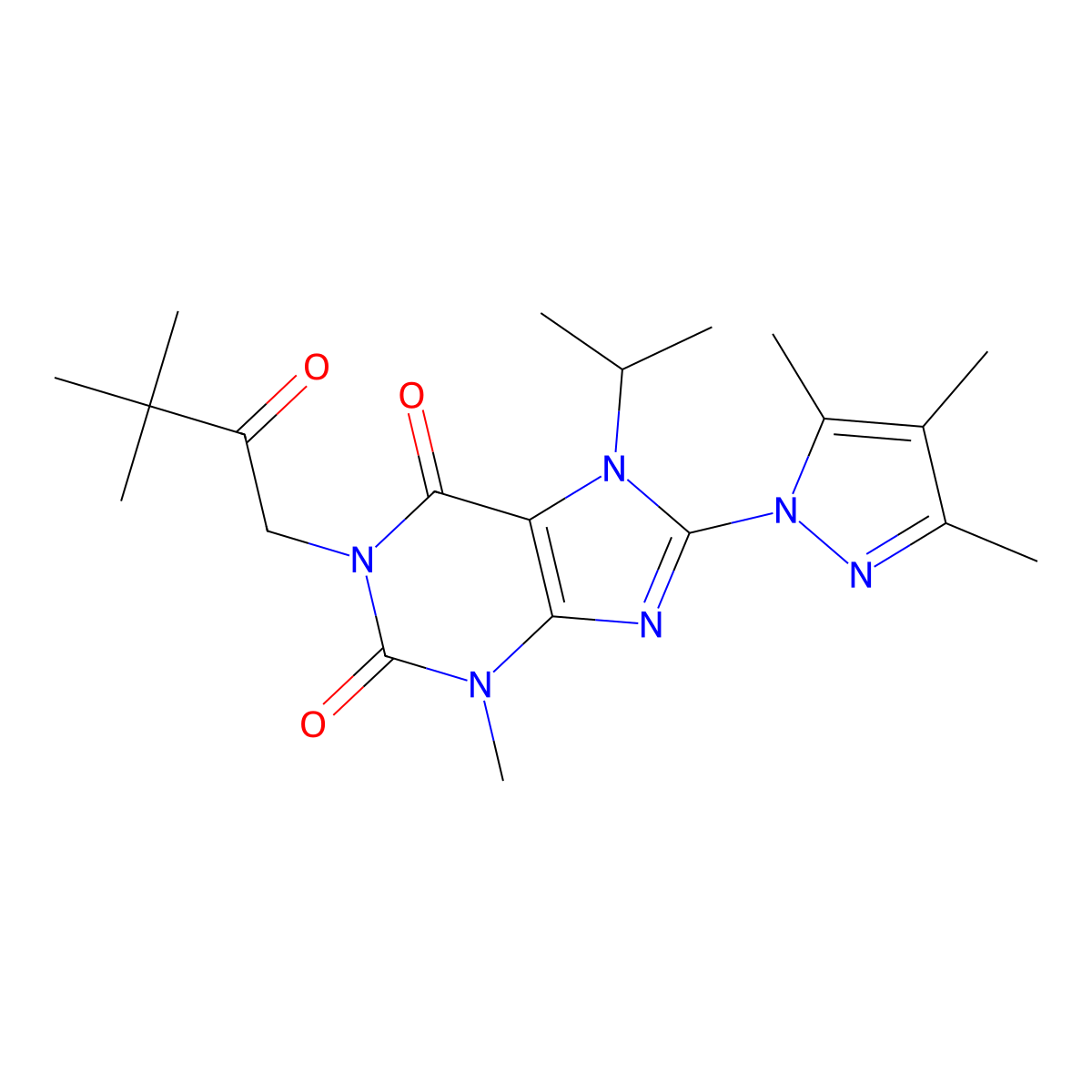 1-(3,3-dimethyl-2-oxobutyl)-7-isopropyl-3-methyl-8-(3,4,5-trimethyl-1H-pyrazol-1-yl)-1H-purine-2,6(3H,7H)-dione molecular structure, CAS 1014011-25-6