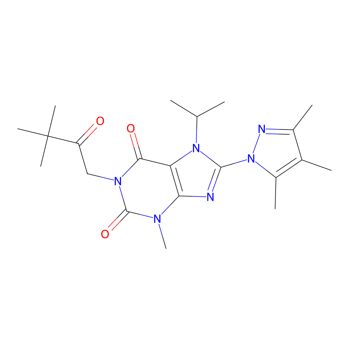 1-(3,3-dimethyl-2-oxobutyl)-7-isopropyl-3-methyl-8-(3,4,5-trimethyl-1H-pyrazol-1-yl)-1H-purine-2,6(3H,7H)-dione molecular structure, CAS 1014011-25-6