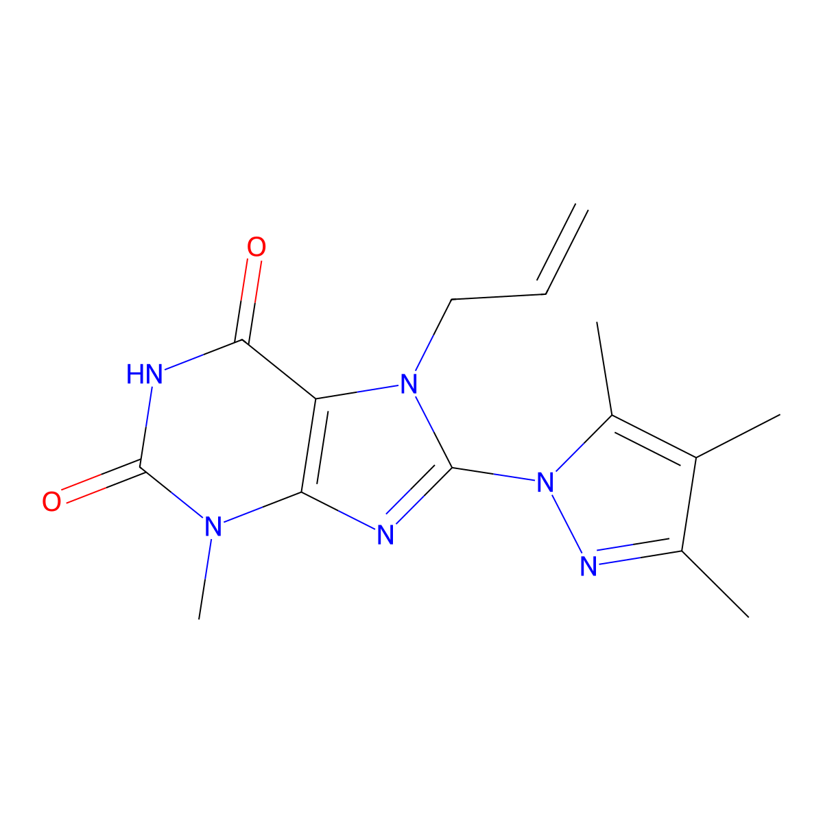 3-Methyl-7-prop-2-enyl-8-(3,4,5-trimethylpyrazolyl)-1,3,7-trihydropurine-2,6-d ione molecular structure, CAS 1014011-27-8