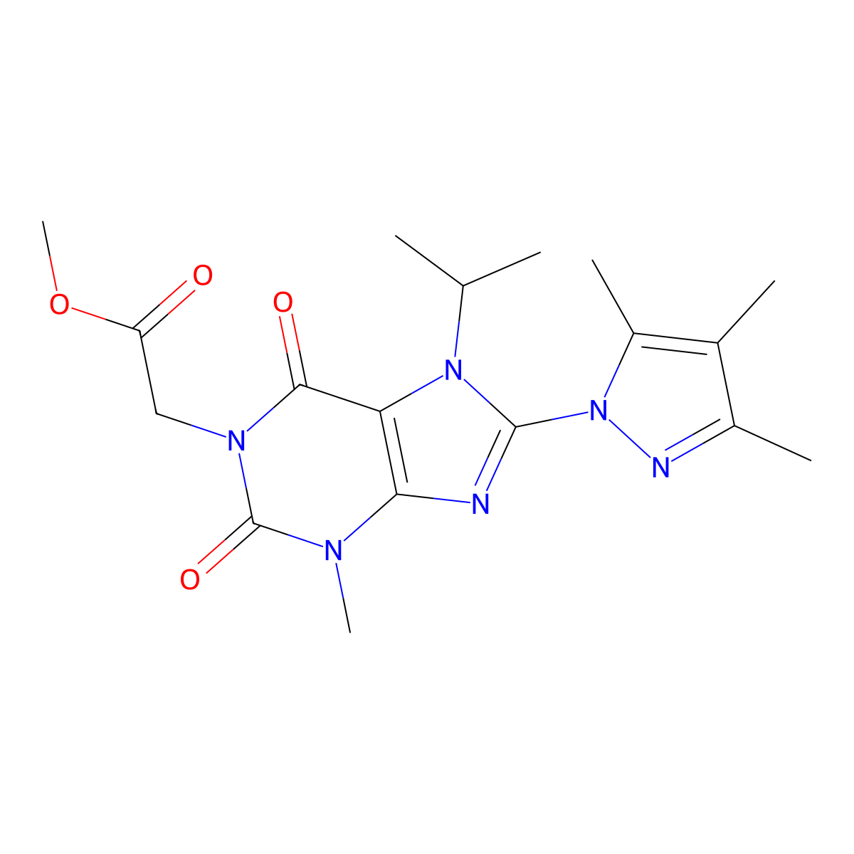methyl 2-(7-isopropyl-3-methyl-2,6-dioxo-8-(3,4,5-trimethyl-1H-pyrazol-1-yl)-2,3,6,7-tetrahydro-1H-purin-1-yl)acetate molecular structure, CAS 1014011-38-1