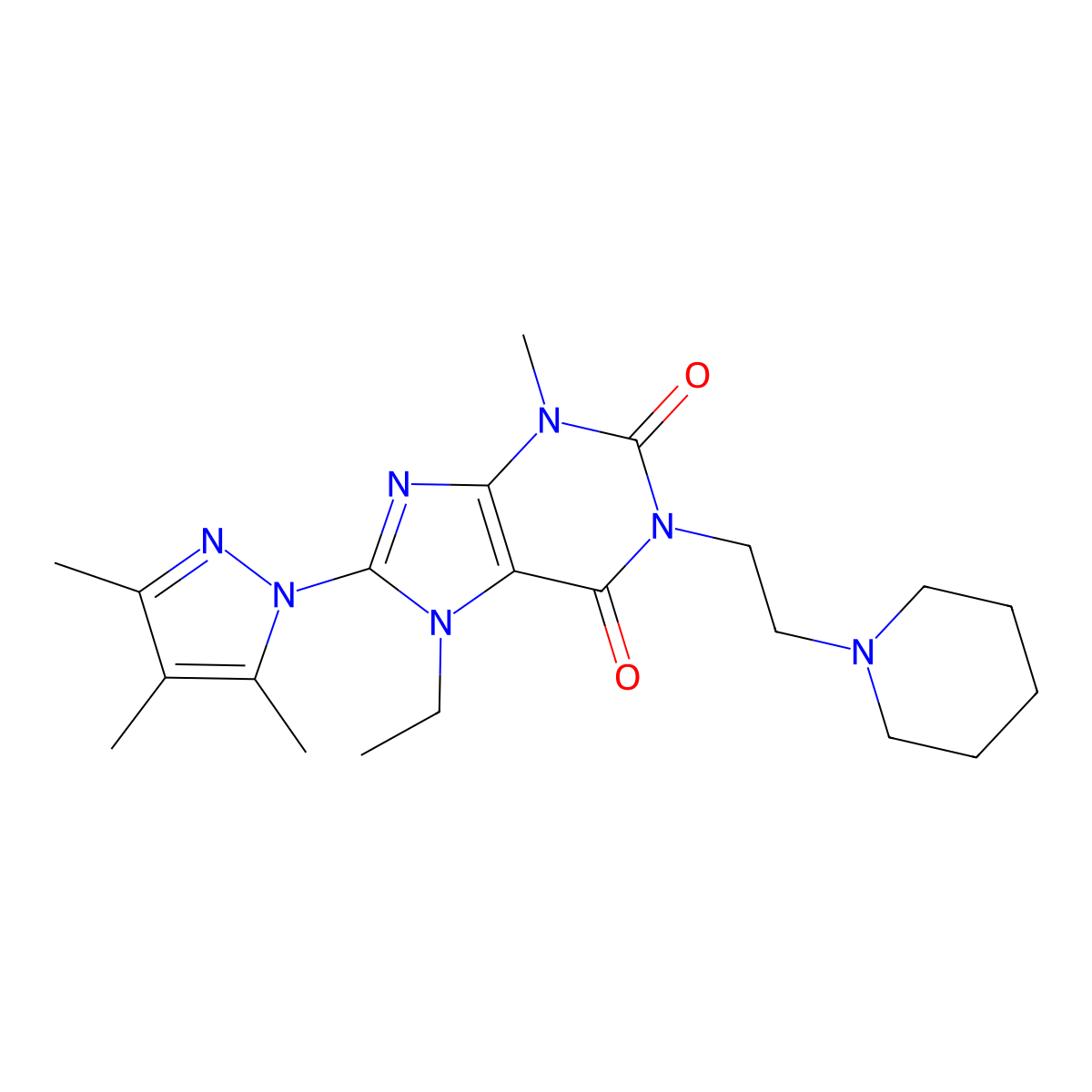7-ethyl-3-methyl-1-(2-(piperidin-1-yl)ethyl)-8-(3,4,5-trimethyl-1H-pyrazol-1-yl)-1H-purine-2,6(3H,7H)-dione molecular structure, CAS 1014011-41-6