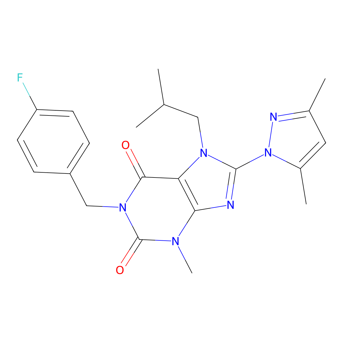 8-(3,5-dimethyl-1H-pyrazol-1-yl)-1-(4-fluorobenzyl)-7-isobutyl-3-methyl-1H-purine-2,6(3H,7H)-dione molecular structure, CAS 1014011-45-0