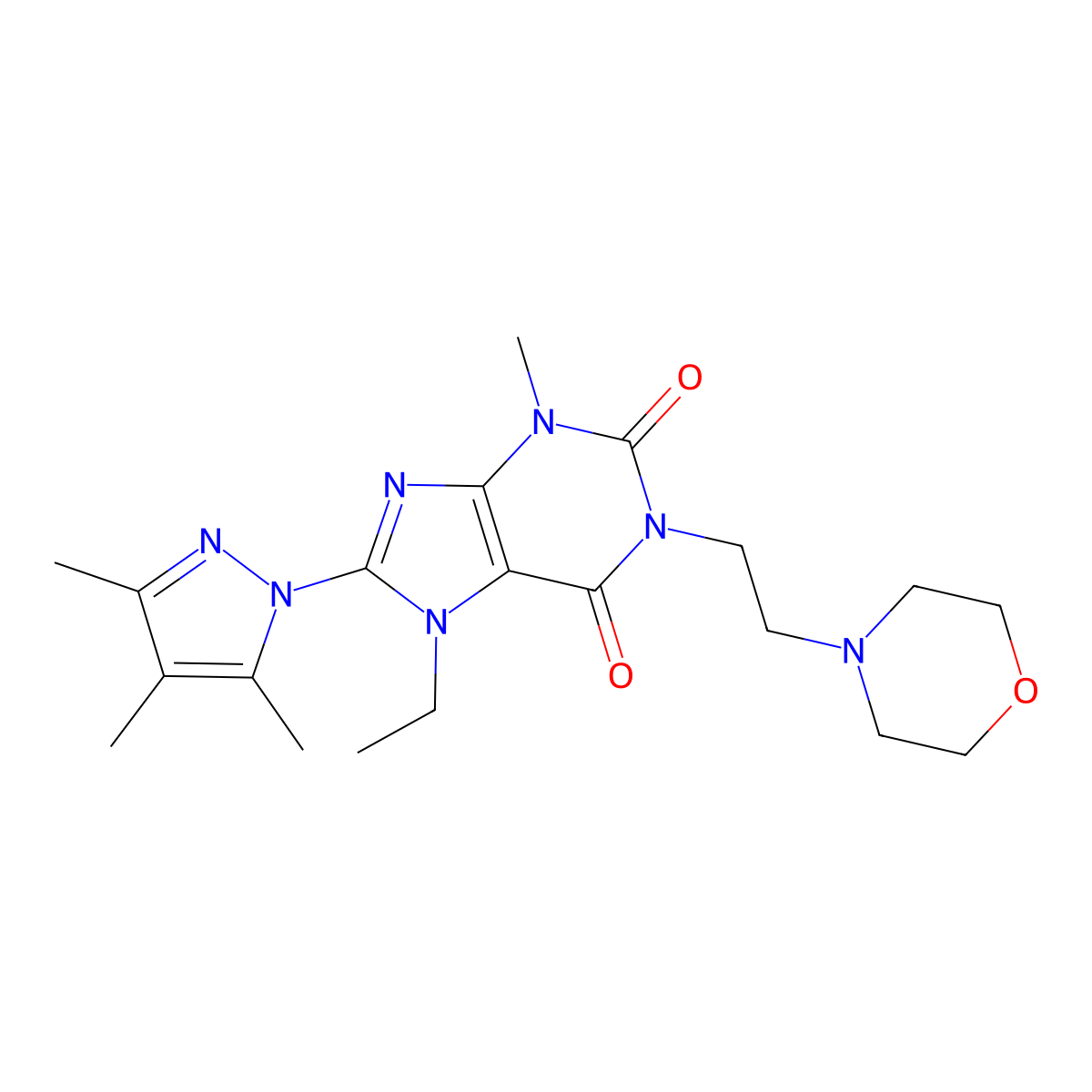 7-ethyl-3-methyl-1-[2-(morpholin-4-yl)ethyl]-8-(3,4,5-trimethyl-1H-pyrazol-1-yl)-2,3,6,7-tetrahydro-1H-purine-2,6-dione molecular structure, CAS 1014011-53-0