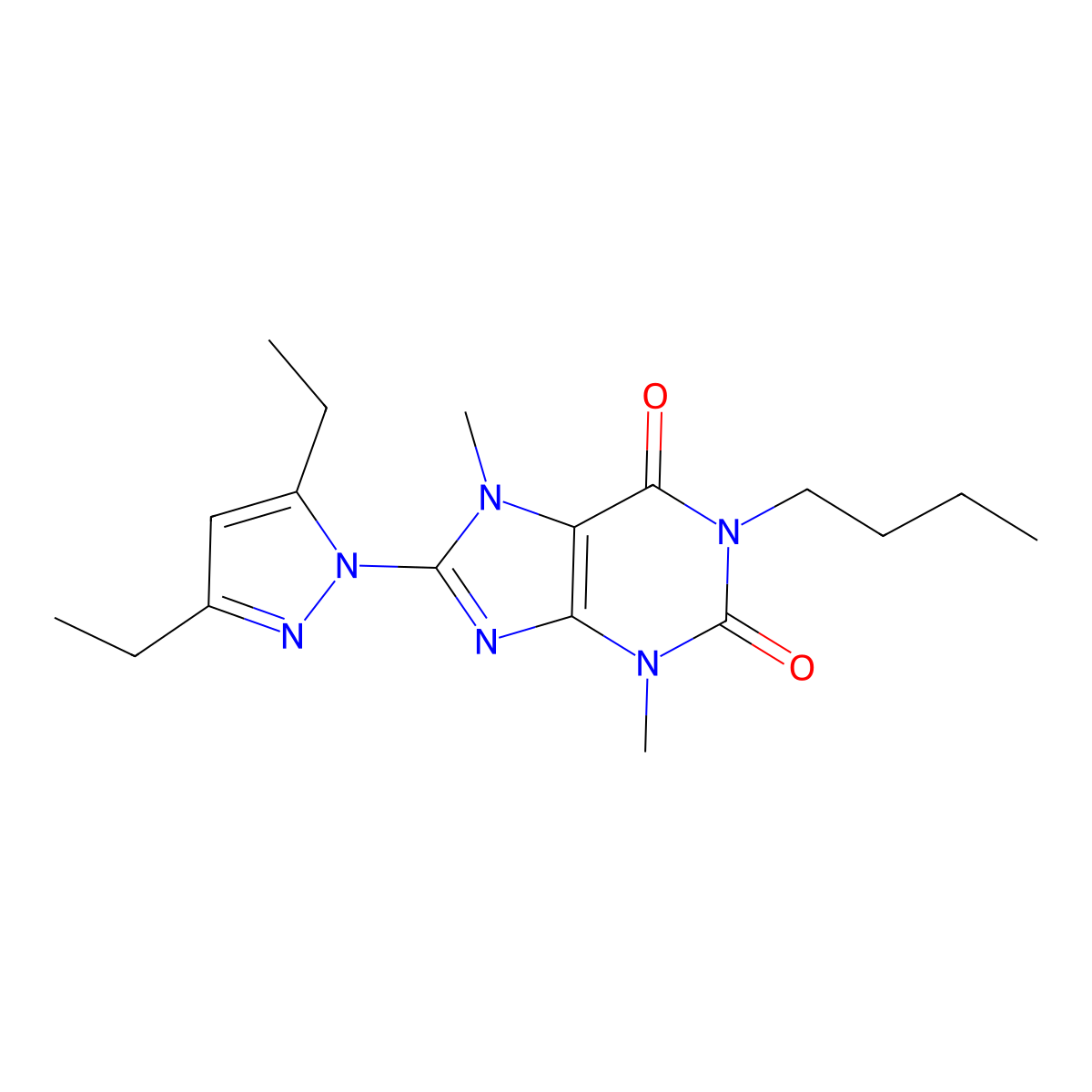 8-(3,5-Diethylpyrazolyl)-1-butyl-3,7-dimethyl-1,3,7-trihydropurine-2,6-dione molecular structure, CAS 1014011-59-6