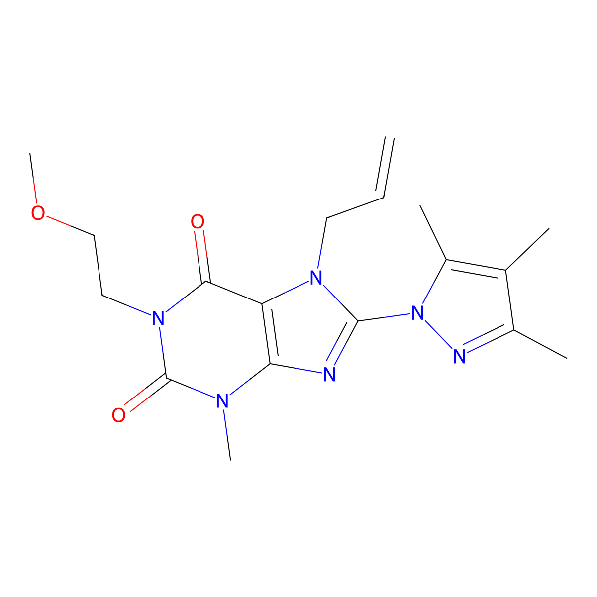 1-(2-methoxyethyl)-3-methyl-7-(prop-2-en-1-yl)-8-(3,4,5-trimethyl-1H-pyrazol-1-yl)-2,3,6,7-tetrahydro-1H-purine-2,6-dione molecular structure, CAS 1014011-76-7