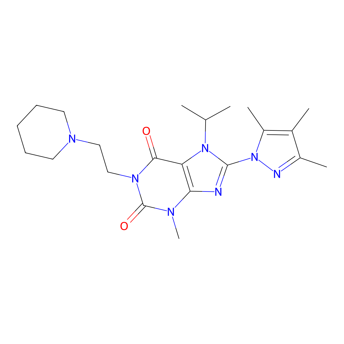 7-isopropyl-3-methyl-1-(2-(piperidin-1-yl)ethyl)-8-(3,4,5-trimethyl-1H-pyrazol-1-yl)-1H-purine-2,6(3H,7H)-dione molecular structure, CAS 1014011-85-8