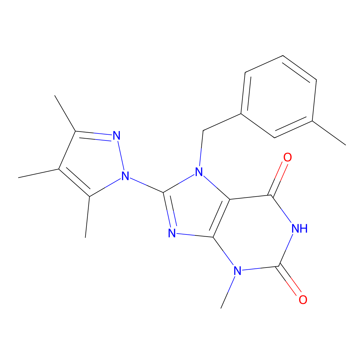 3-methyl-7-[(3-methylphenyl)methyl]-8-(3,4,5-trimethyl-1H-pyrazol-1-yl)-2,3,6,7-tetrahydro-1H-purine-2,6-dione molecular structure, CAS 1014011-91-6