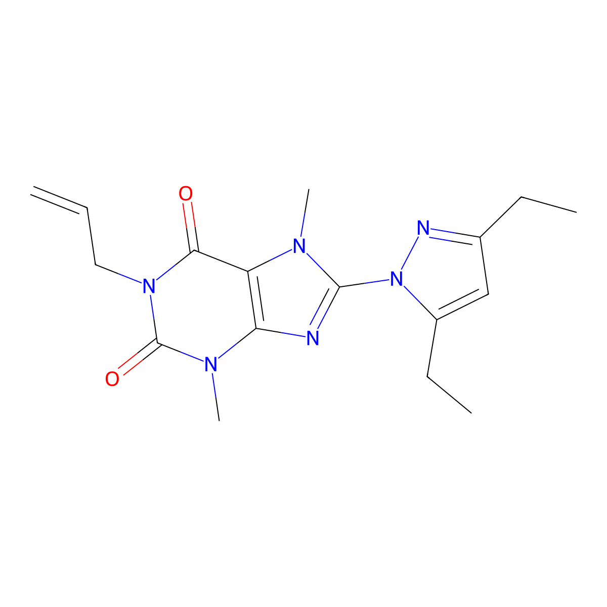 8-(3,5-diethyl-1H-pyrazol-1-yl)-3,7-dimethyl-1-(prop-2-en-1-yl)-2,3,6,7-tetrahydro-1H-purine-2,6-dione molecular structure, CAS 1014011-94-9