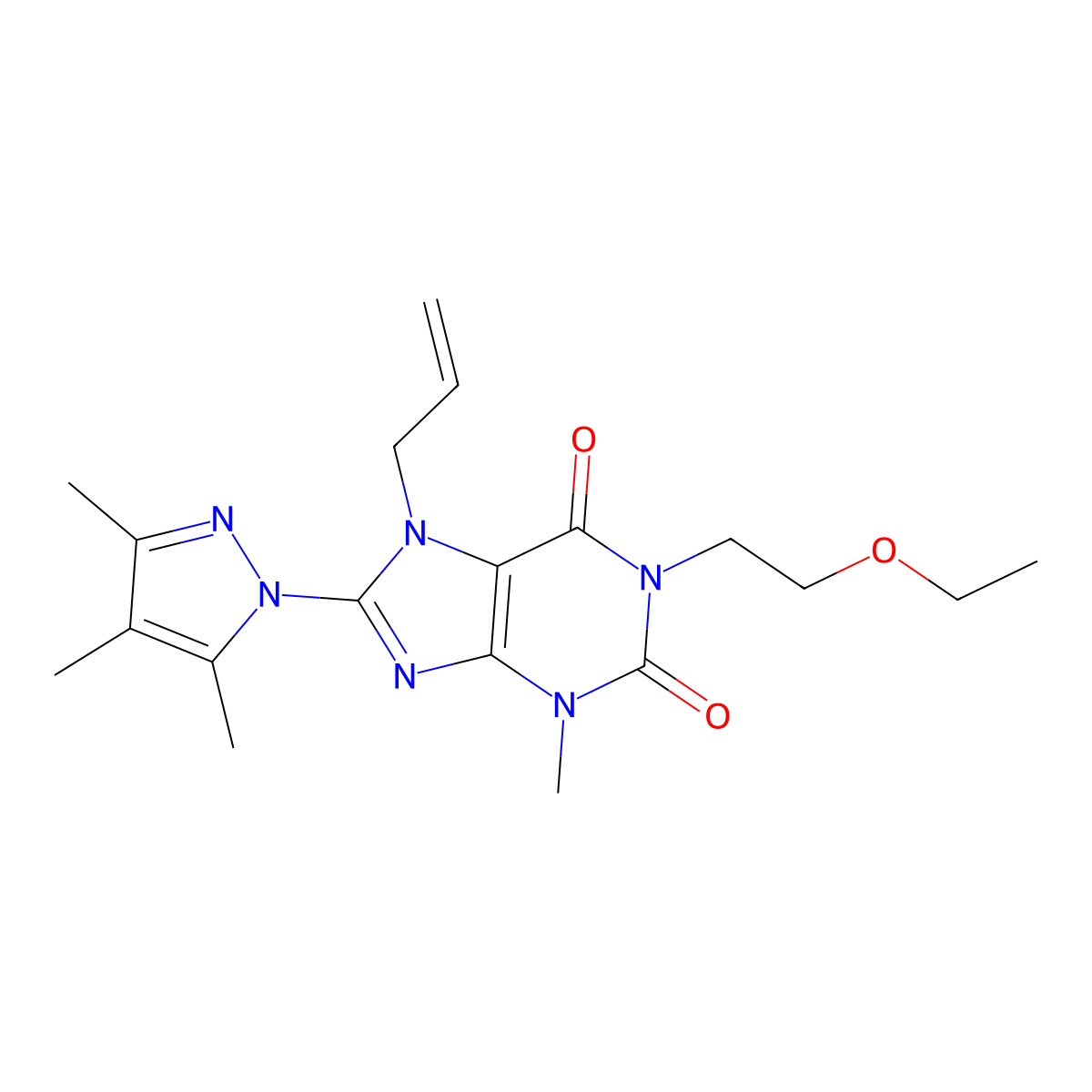 1-(2-Ethoxyethyl)-3-methyl-7-prop-2-enyl-8-(3,4,5-trimethylpyrazolyl)-1,3,7-tr ihydropurine-2,6-dione molecular structure, CAS 1014011-95-0