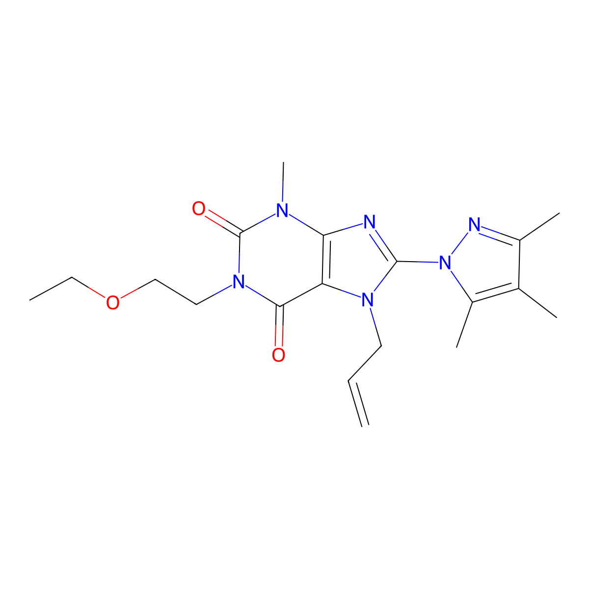 1-(2-Ethoxyethyl)-3-methyl-7-prop-2-enyl-8-(3,4,5-trimethylpyrazolyl)-1,3,7-tr ihydropurine-2,6-dione molecular structure, CAS 1014011-95-0