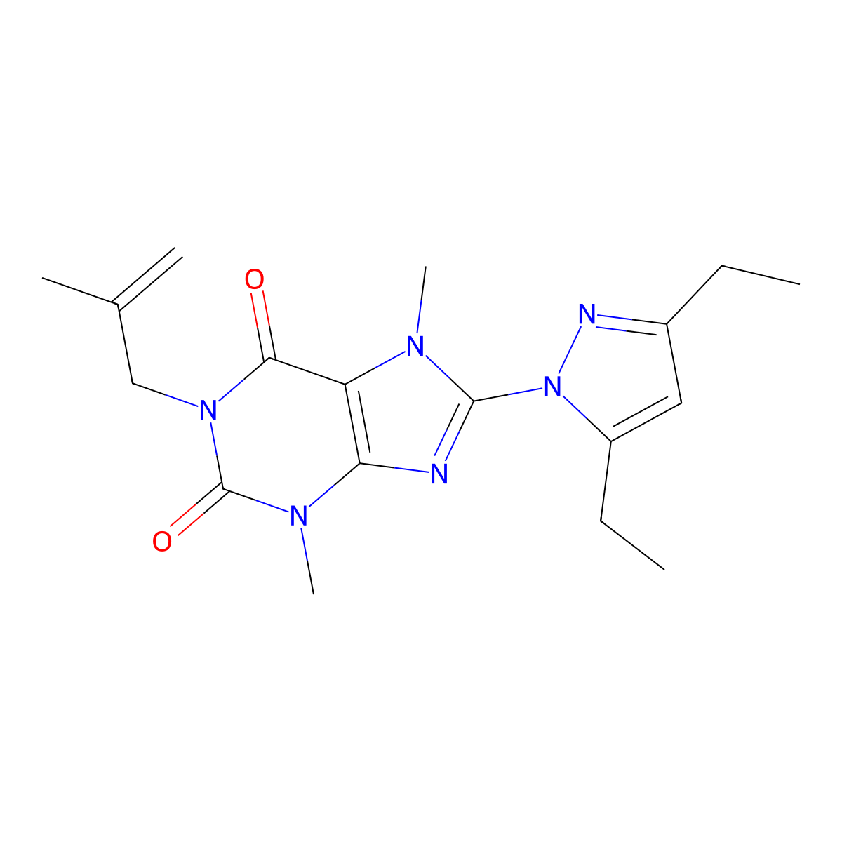 8-(3,5-diethyl-1H-pyrazol-1-yl)-3,7-dimethyl-1-(2-methylprop-2-en-1-yl)-2,3,6,7-tetrahydro-1H-purine-2,6-dione molecular structure, CAS 1014012-00-0