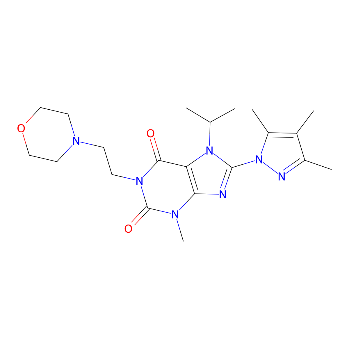 7-isopropyl-3-methyl-1-(2-morpholinoethyl)-8-(3,4,5-trimethyl-1H-pyrazol-1-yl)-1H-purine-2,6(3H,7H)-dione molecular structure, CAS 1014012-01-1