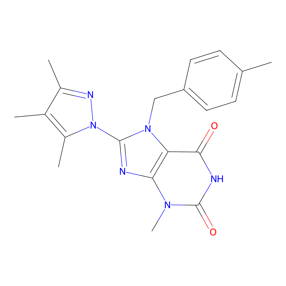 3-Methyl-7-[(4-methylphenyl)methyl]-8-(3,4,5-trimethylpyrazolyl)-1,3,7-trihydr opurine-2,6-dione molecular structure, CAS 1014012-02-2