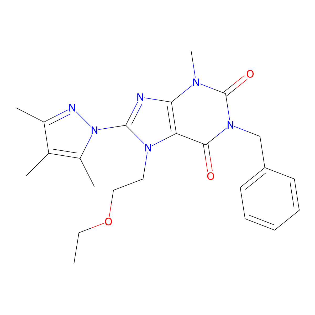 1-benzyl-7-(2-ethoxyethyl)-3-methyl-8-(3,4,5-trimethyl-1H-pyrazol-1-yl)-1H-purine-2,6(3H,7H)-dione molecular structure, CAS 1014012-08-8