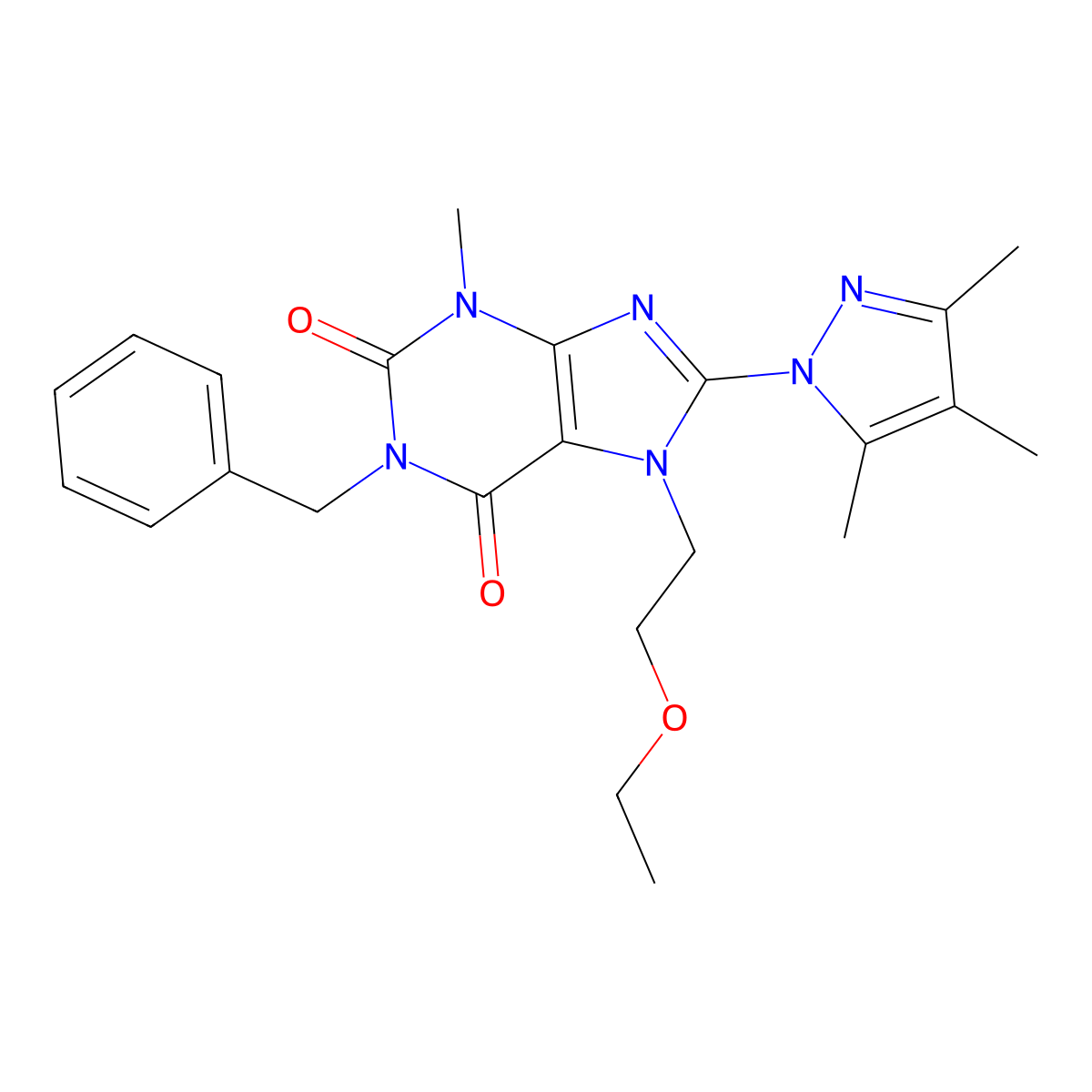 1-benzyl-7-(2-ethoxyethyl)-3-methyl-8-(3,4,5-trimethyl-1H-pyrazol-1-yl)-1H-purine-2,6(3H,7H)-dione molecular structure, CAS 1014012-08-8
