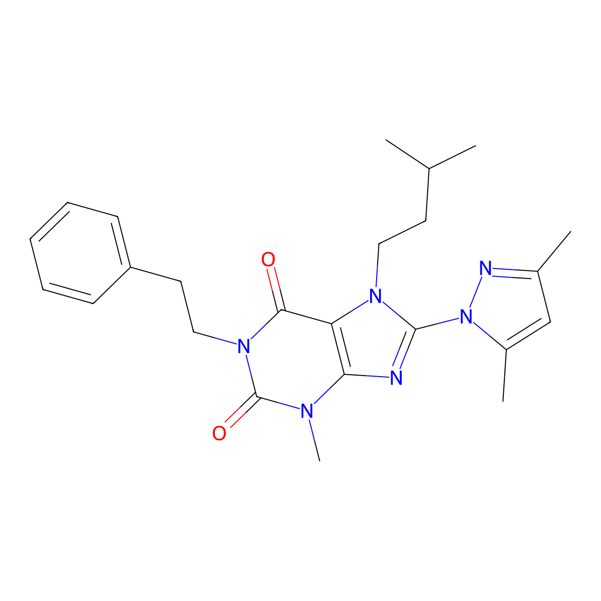 8-(3,5-dimethyl-1H-pyrazol-1-yl)-7-isopentyl-3-methyl-1-phenethyl-1H-purine-2,6(3H,7H)-dione molecular structure, CAS 1014012-13-5