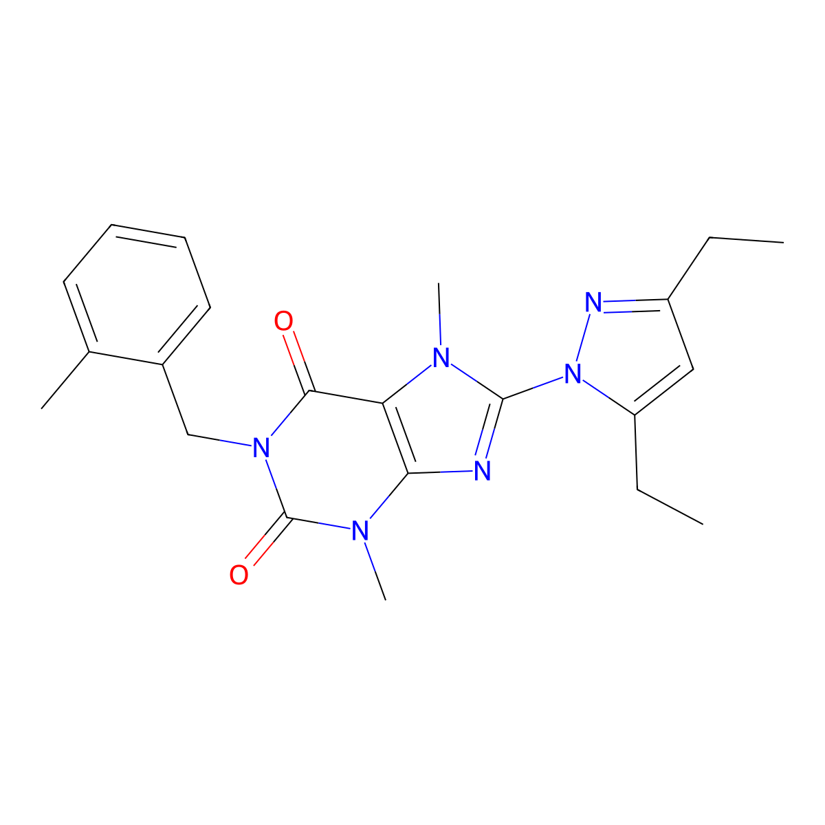 8-(3,5-diethyl-1H-pyrazol-1-yl)-3,7-dimethyl-1-(2-methylbenzyl)-1H-purine-2,6(3H,7H)-dione molecular structure, CAS 1014012-26-0