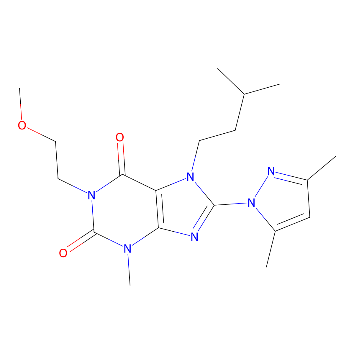 8-(3,5-dimethyl-1H-pyrazol-1-yl)-1-(2-methoxyethyl)-3-methyl-7-(3-methylbutyl)-3,7-dihydro-1H-purine-2,6-dione molecular structure, CAS 1014012-35-1