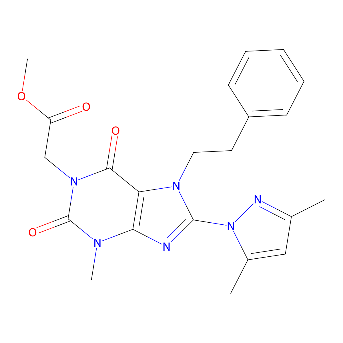 methyl 2-(8-(3,5-dimethyl-1H-pyrazol-1-yl)-3-methyl-2,6-dioxo-7-phenethyl-2,3,6,7-tetrahydro-1H-purin-1-yl)acetate molecular structure, CAS 1014012-37-3