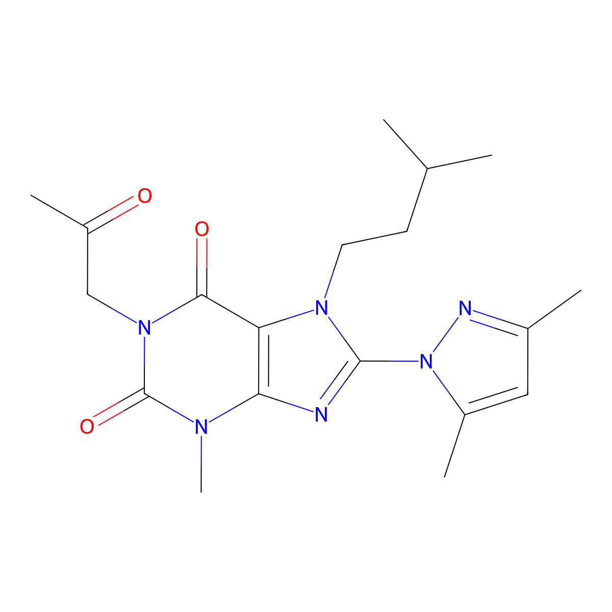 8-(3,5-dimethyl-1H-pyrazol-1-yl)-3-methyl-7-(3-methylbutyl)-1-(2-oxopropyl)-2,3,6,7-tetrahydro-1H-purine-2,6-dione molecular structure, CAS 1014012-46-4