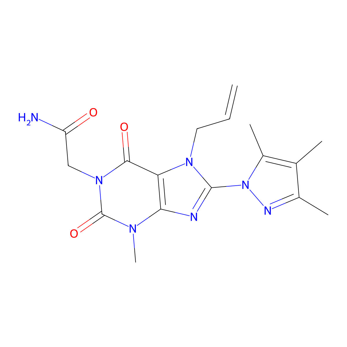 2-[3-Methyl-2,6-dioxo-7-prop-2-enyl-8-(3,4,5-trimethylpyrazolyl)-1,3,7-trihydr opurinyl]acetamide molecular structure, CAS 1014012-48-6