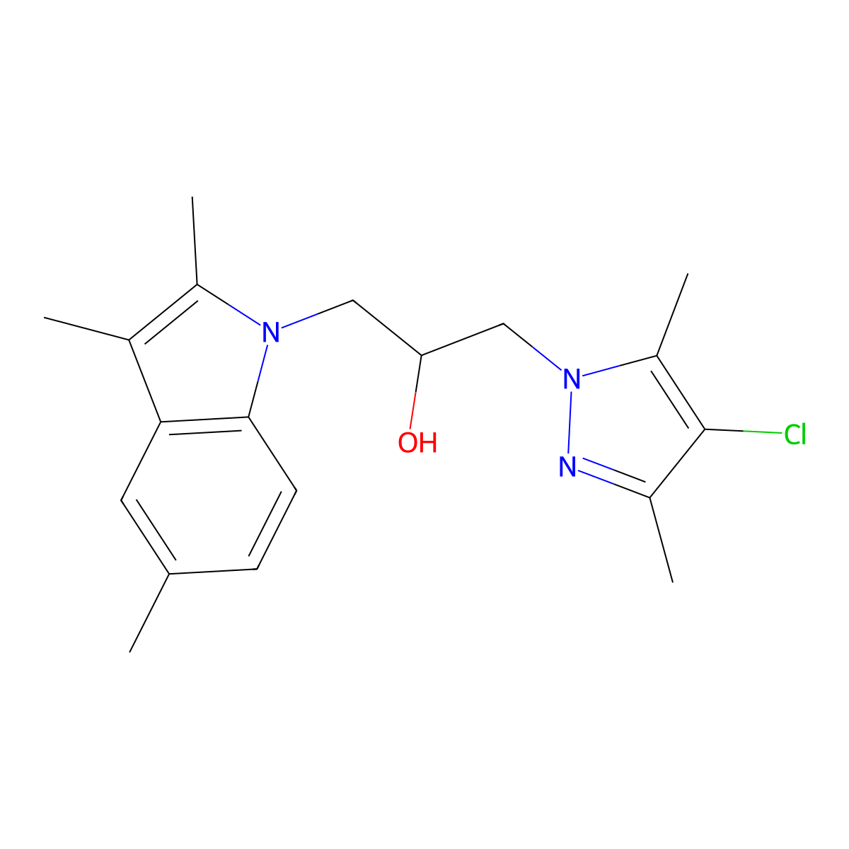 1H-Indole-1-ethanol, alpha-[(4-chloro-3,5-dimethyl-1H-pyrazol-1-yl)methyl]-2,3,5-trimethyl- molecular structure, CAS 1014018-67-7