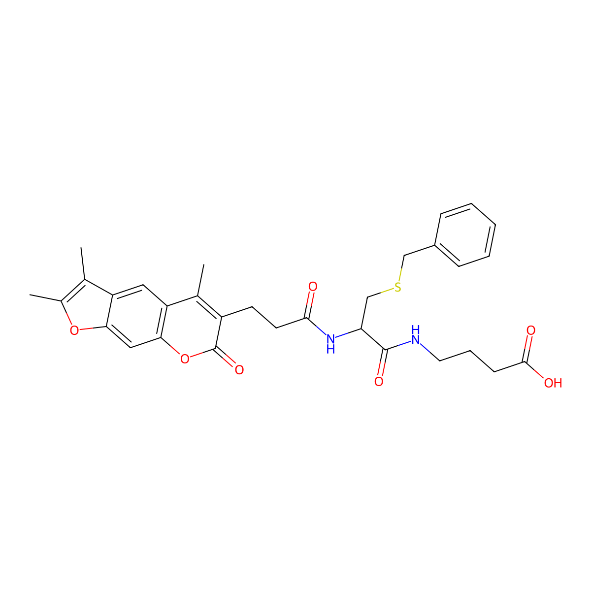 4-({S-benzyl-N-[3-(2,3,5-trimethyl-7-oxo-7H-furo[3,2-g]chromen-6-yl)propanoyl]-D-cysteinyl}amino)butanoic acid molecular structure, CAS 1014020-95-1