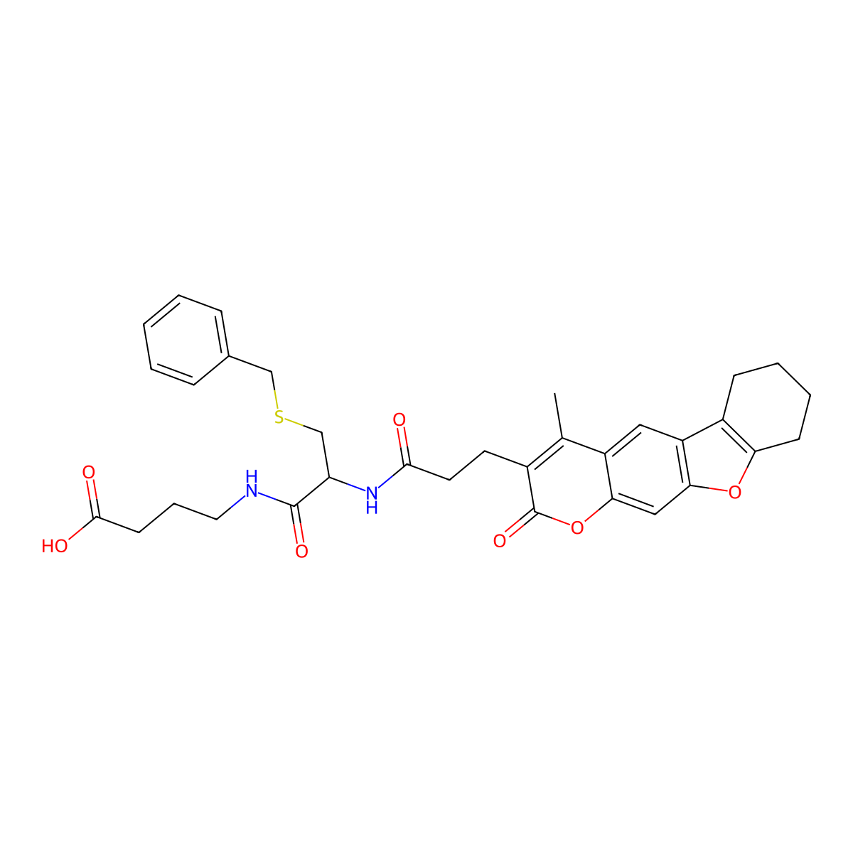 4-[[(2S)-3-benzylsulfanyl-2-[3-(4-methyl-2-oxo-6,7,8,9-tetrahydro-[1]benzofuro[3,2-g]chromen-3-yl)propanoylamino]propanoyl]amino]butanoic acid molecular structure, CAS 1014022-66-2