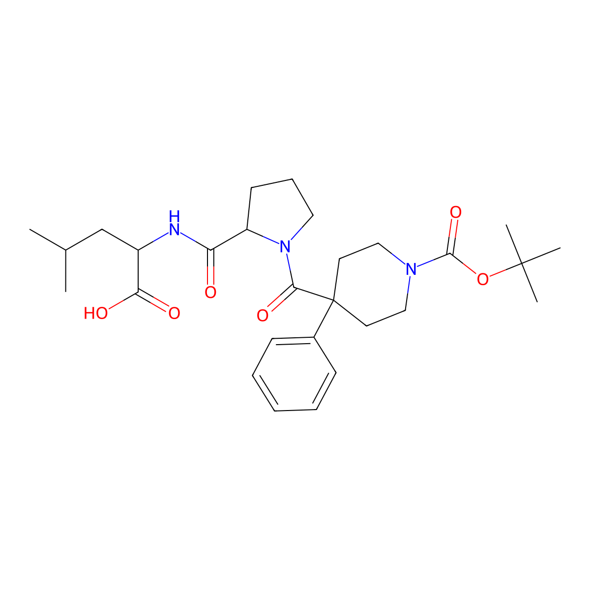 (2S)-4-methyl-2-[[(2S)-1-[1-[(2-methylpropan-2-yl)oxycarbonyl]-4-phenylpiperidine-4-carbonyl]pyrrolidine-2-carbonyl]amino]pentanoic acid molecular structure, CAS 1014024-06-6