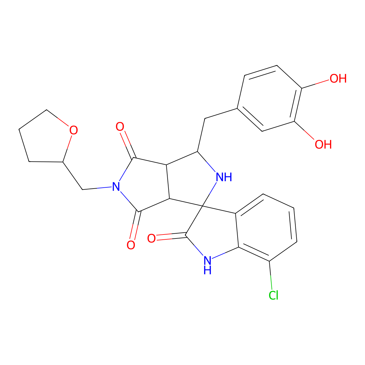 (1S,3S,3aS,6aR)-7'-chloro-1-[(3,4-dihydroxyphenyl)methyl]-5-(oxolan-2-ylmethyl)spiro[1,2,3a,6a-tetrahydropyrrolo[3,4-c]pyrrole-3,3'-1H-indole]-2',4,6-trione molecular structure, CAS 1014024-18-0