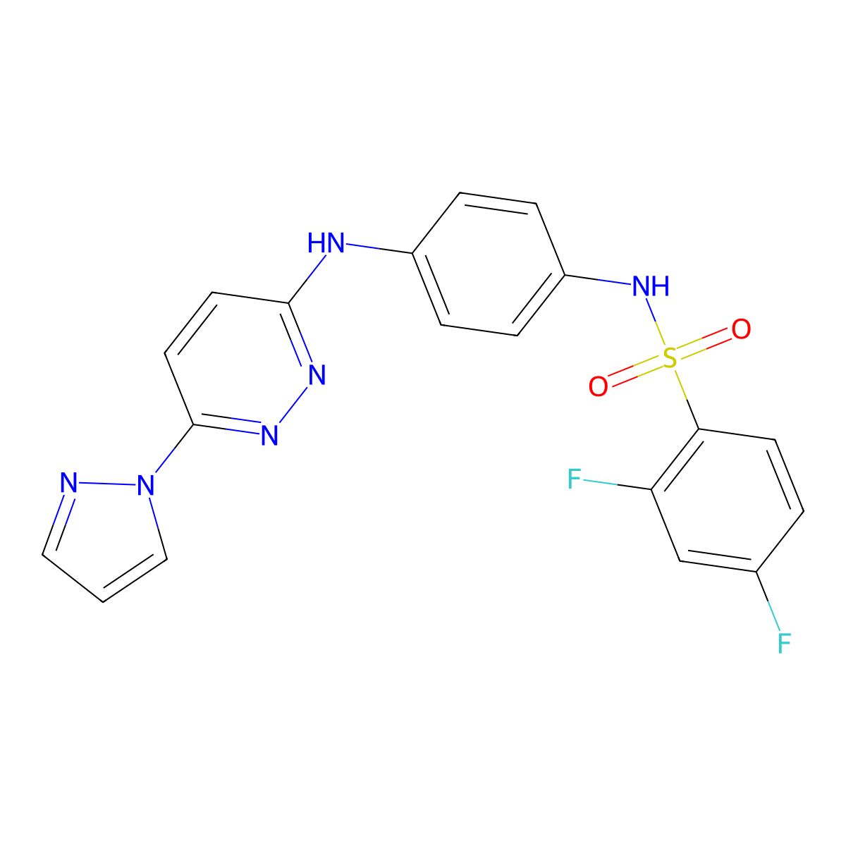 N-(4-((6-(1H-pyrazol-1-yl)pyridazin-3-yl)amino)phenyl)-2,4-difluorobenzenesulfonamide molecular structure, CAS 1014027-76-9