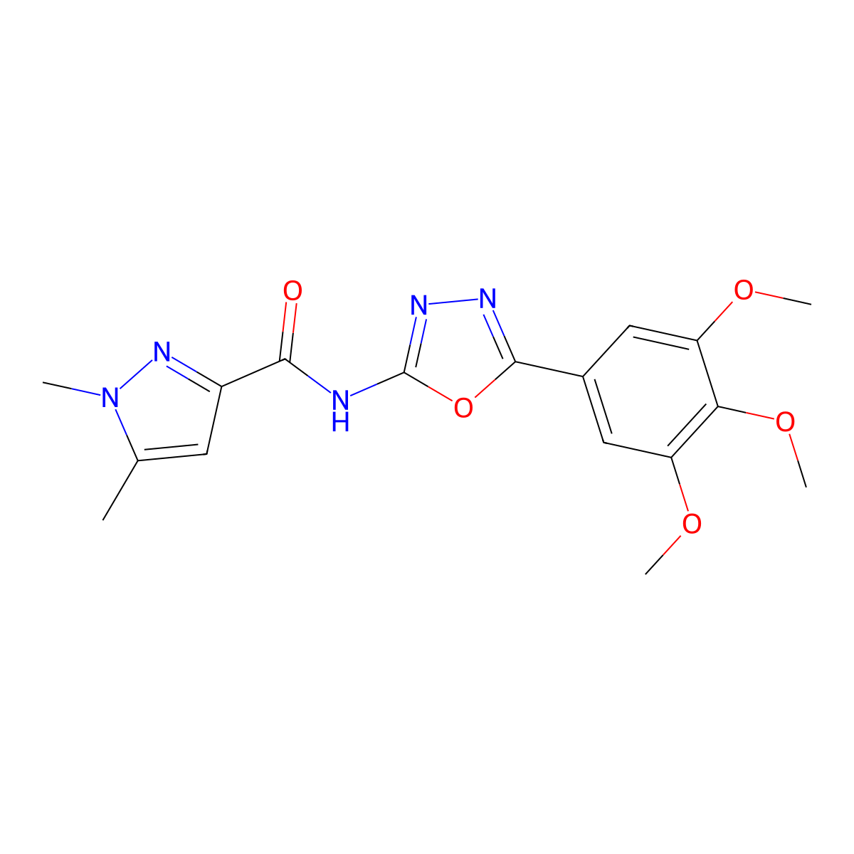 1,5-dimethyl-N-(5-(3,4,5-trimethoxyphenyl)-1,3,4-oxadiazol-2-yl)-1H-pyrazole-3-carboxamide molecular structure, CAS 1014027-88-3