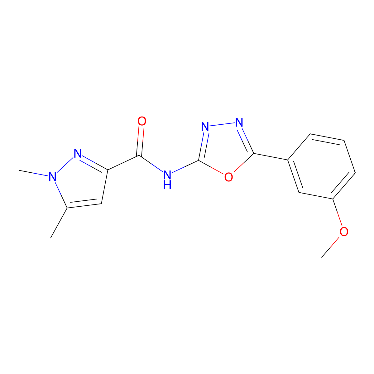 N-[5-(3-methoxyphenyl)-1,3,4-oxadiazol-2-yl]-1,5-dimethyl-1H-pyrazole-3-carboxamide molecular structure, CAS 1014028-26-2