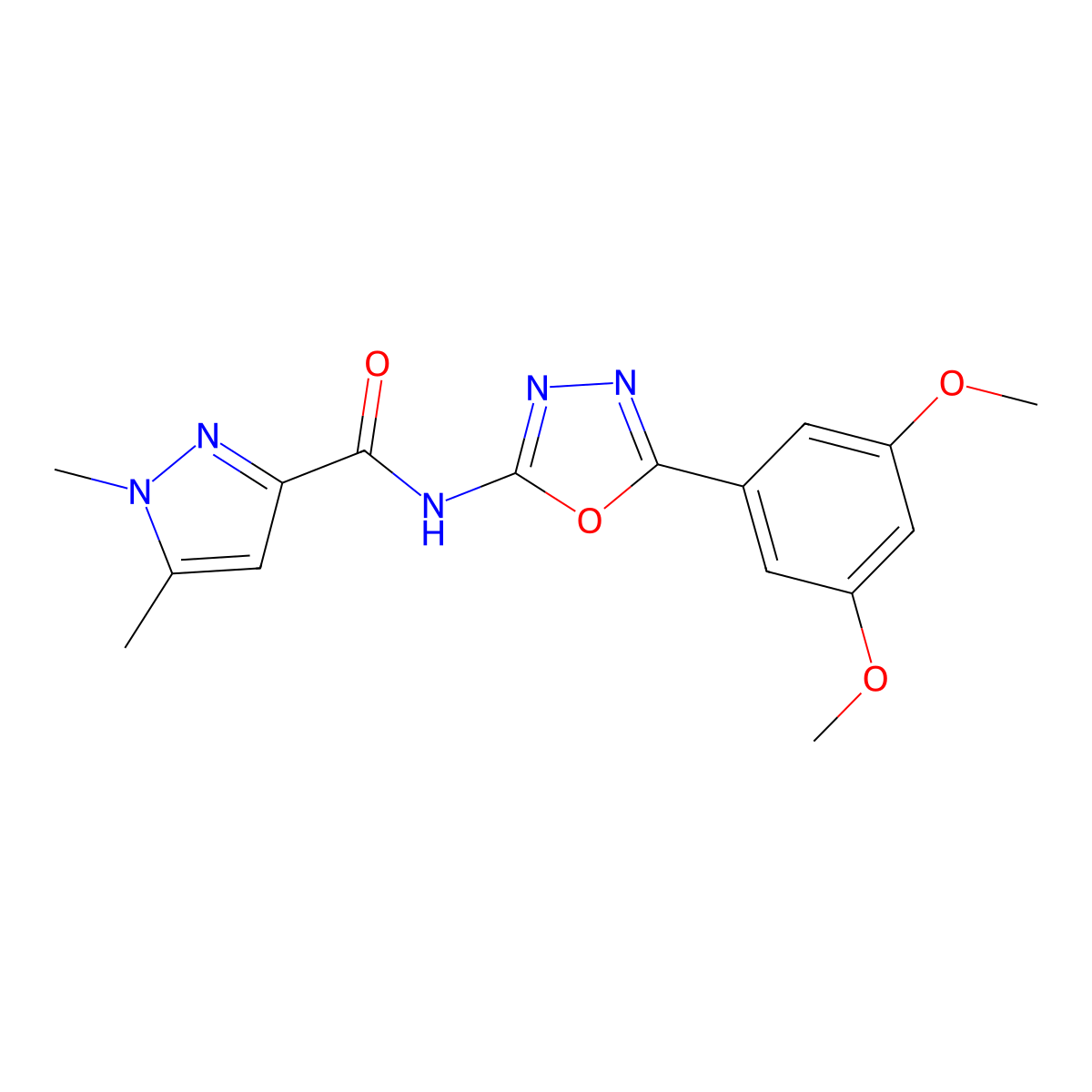 N-(5-(3,5-dimethoxyphenyl)-1,3,4-oxadiazol-2-yl)-1,5-dimethyl-1H-pyrazole-3-carboxamide molecular structure, CAS 1014028-49-9