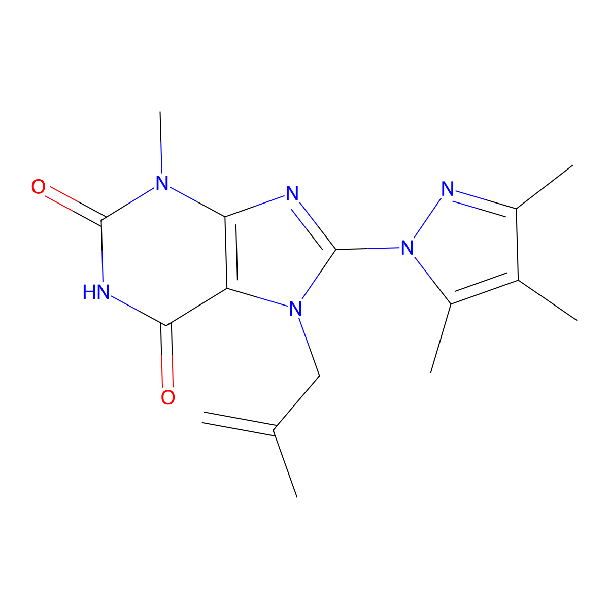 3-Methyl-7-(2-methylprop-2-enyl)-8-(3,4,5-trimethylpyrazolyl)-1,3,7-trihydropu rine-2,6-dione molecular structure, CAS 1014029-01-6