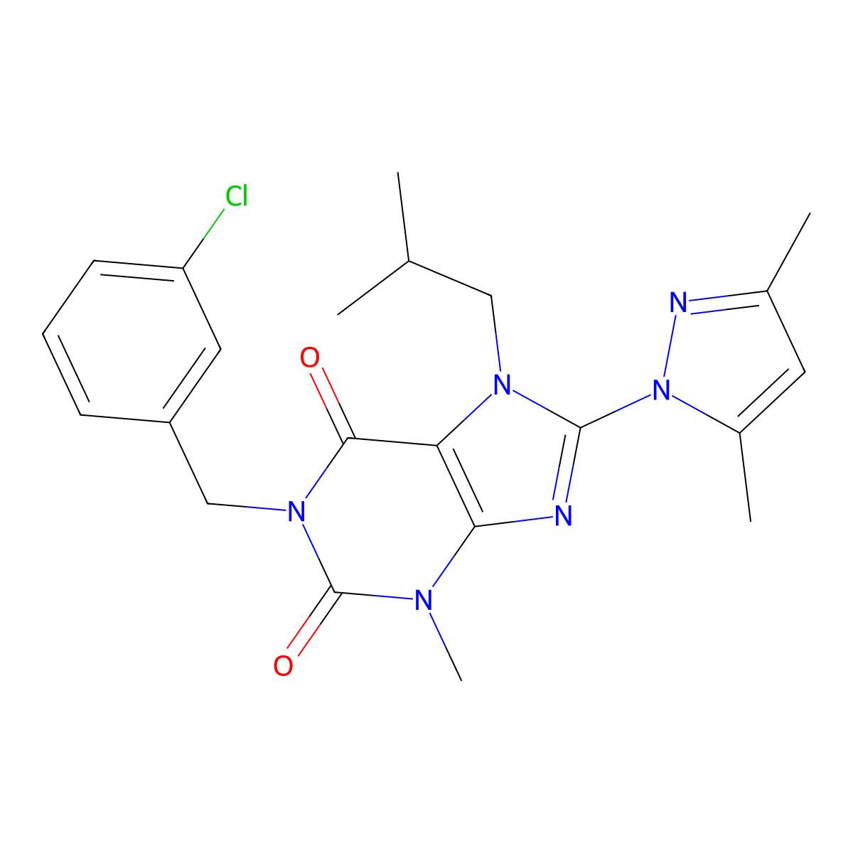 1-(3-chlorobenzyl)-8-(3,5-dimethyl-1H-pyrazol-1-yl)-7-isobutyl-3-methyl-1H-purine-2,6(3H,7H)-dione molecular structure, CAS 1014029-02-7
