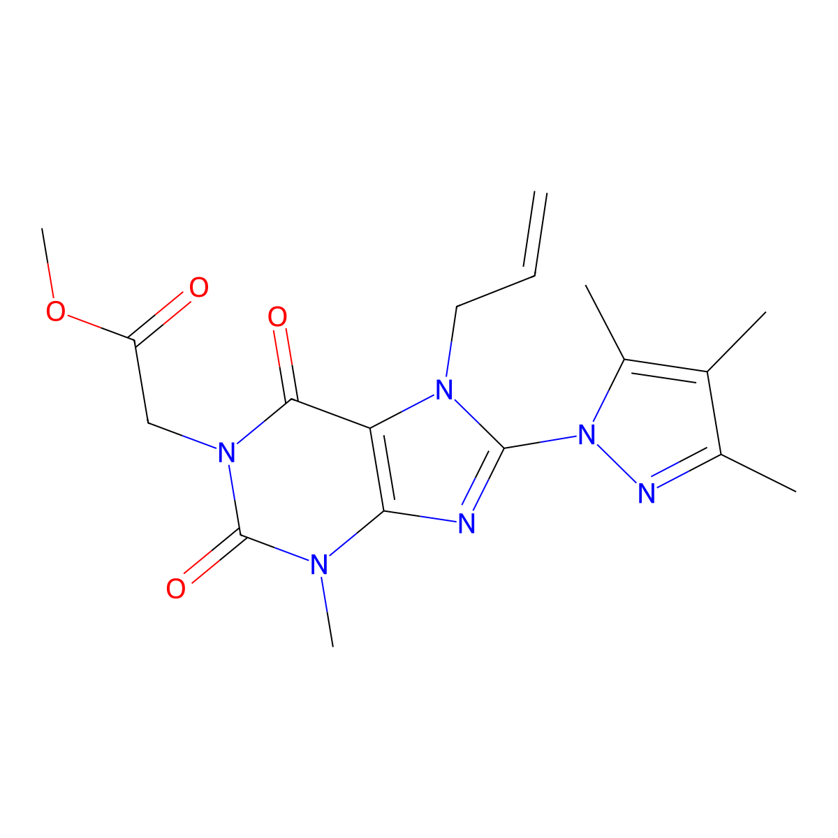 methyl 2-[3-methyl-2,6-dioxo-7-(prop-2-en-1-yl)-8-(3,4,5-trimethyl-1H-pyrazol-1-yl)-2,3,6,7-tetrahydro-1H-purin-1-yl]acetate molecular structure, CAS 1014029-08-3