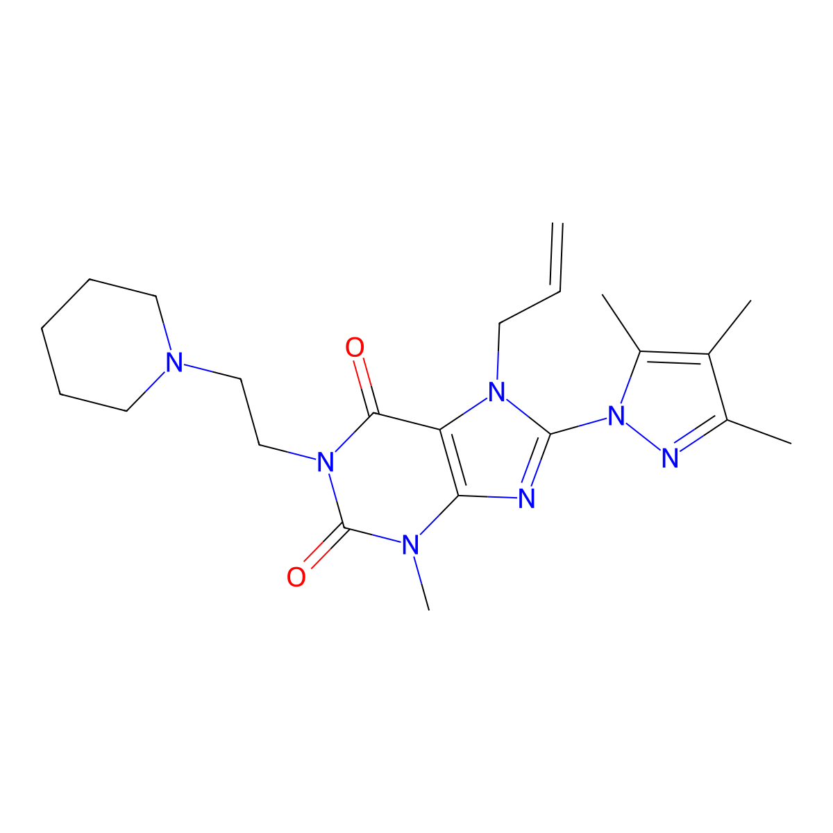 3-methyl-1-[2-(piperidin-1-yl)ethyl]-7-(prop-2-en-1-yl)-8-(3,4,5-trimethyl-1H-pyrazol-1-yl)-2,3,6,7-tetrahydro-1H-purine-2,6-dione molecular structure, CAS 1014029-13-0