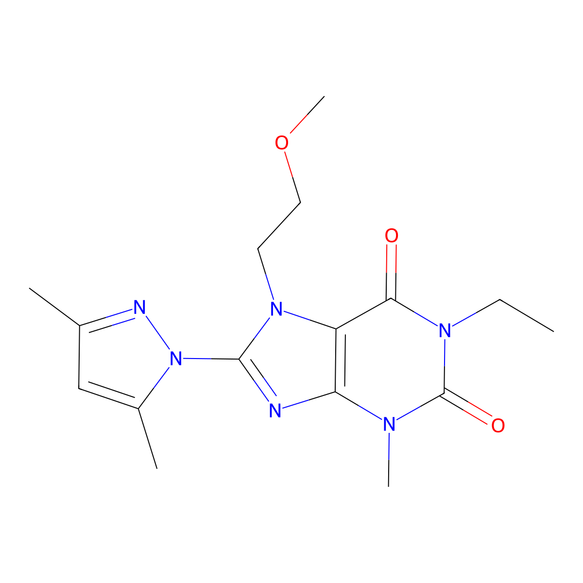 8-(3,5-dimethyl-1H-pyrazol-1-yl)-1-ethyl-7-(2-methoxyethyl)-3-methyl-1H-purine-2,6(3H,7H)-dione molecular structure, CAS 1014029-28-7