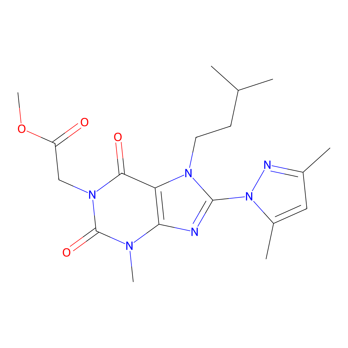 methyl 2-(8-(3,5-dimethyl-1H-pyrazol-1-yl)-7-isopentyl-3-methyl-2,6-dioxo-2,3,6,7-tetrahydro-1H-purin-1-yl)acetate molecular structure, CAS 1014029-30-1