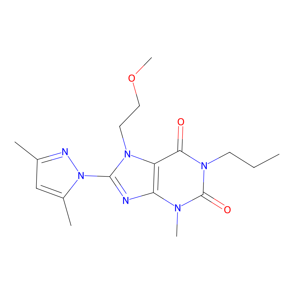 8-(3,5-dimethyl-1H-pyrazol-1-yl)-7-(2-methoxyethyl)-3-methyl-1-propyl-2,3,6,7-tetrahydro-1H-purine-2,6-dione molecular structure, CAS 1014029-38-9
