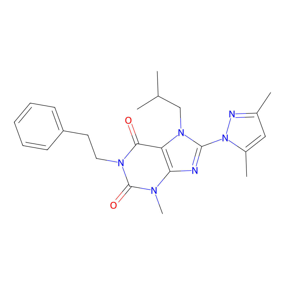 8-(3,5-dimethyl-1H-pyrazol-1-yl)-7-isobutyl-3-methyl-1-phenethyl-1H-purine-2,6(3H,7H)-dione molecular structure, CAS 1014029-44-7