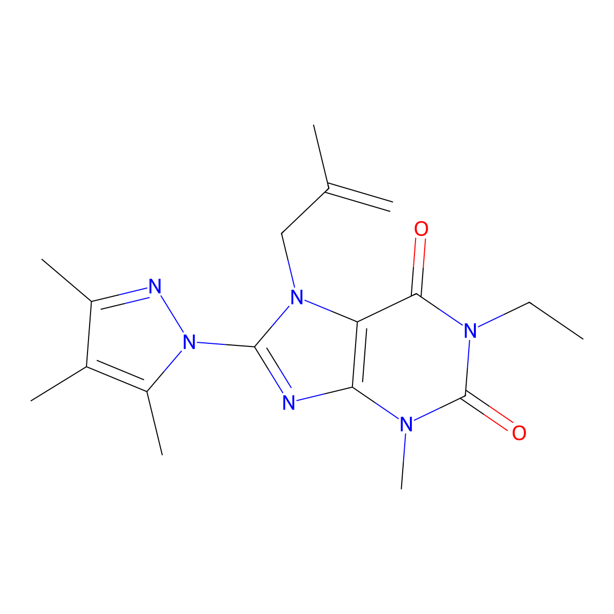 1-ethyl-3-methyl-7-(2-methylprop-2-en-1-yl)-8-(3,4,5-trimethyl-1H-pyrazol-1-yl)-2,3,6,7-tetrahydro-1H-purine-2,6-dione molecular structure, CAS 1014029-49-2