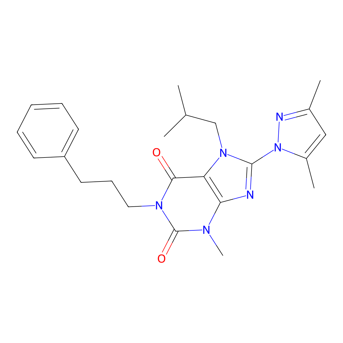 8-(3,5-dimethyl-1H-pyrazol-1-yl)-7-isobutyl-3-methyl-1-(3-phenylpropyl)-1H-purine-2,6(3H,7H)-dione molecular structure, CAS 1014029-62-9