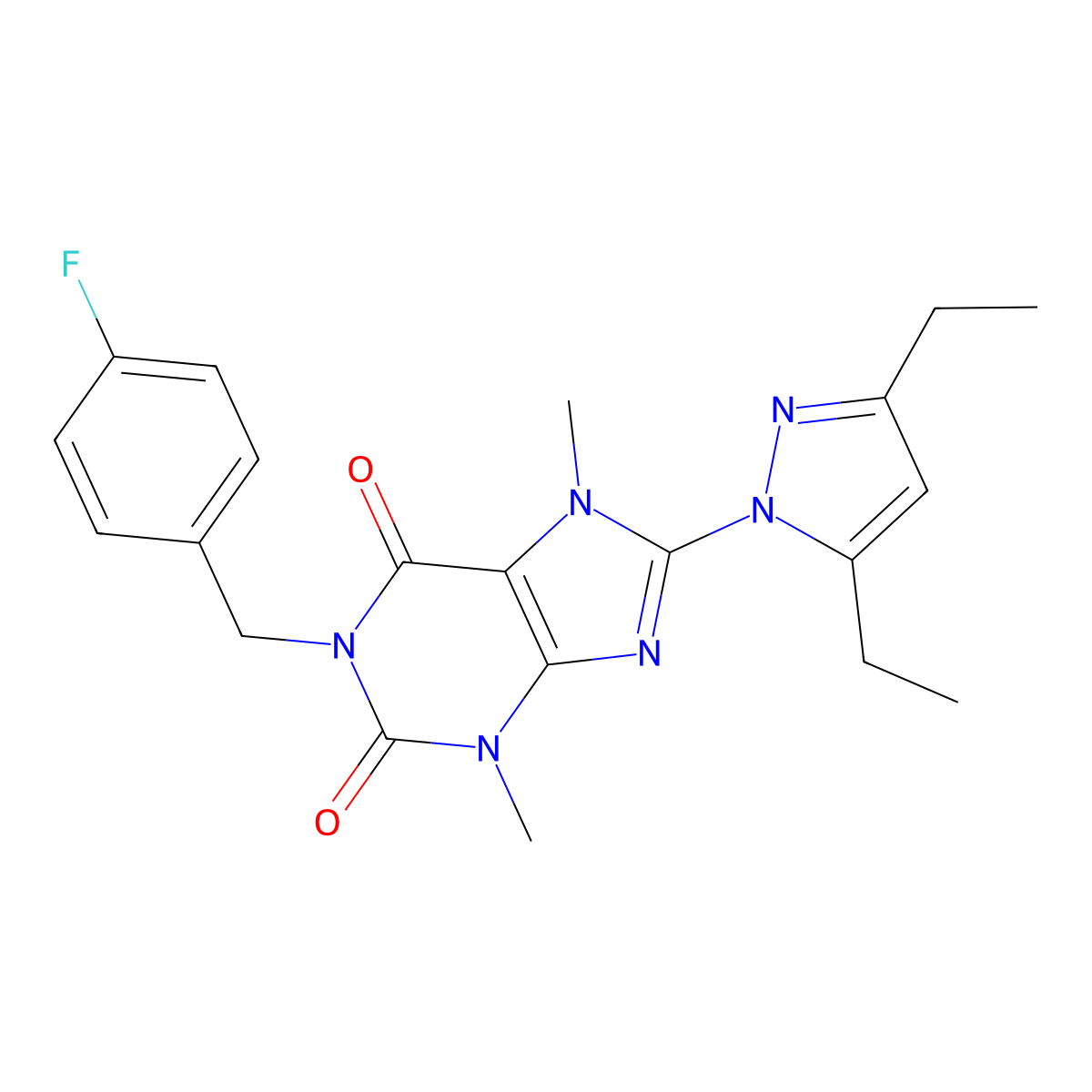 8-(3,5-diethyl-1H-pyrazol-1-yl)-1-(4-fluorobenzyl)-3,7-dimethyl-1H-purine-2,6(3H,7H)-dione molecular structure, CAS 1014029-63-0